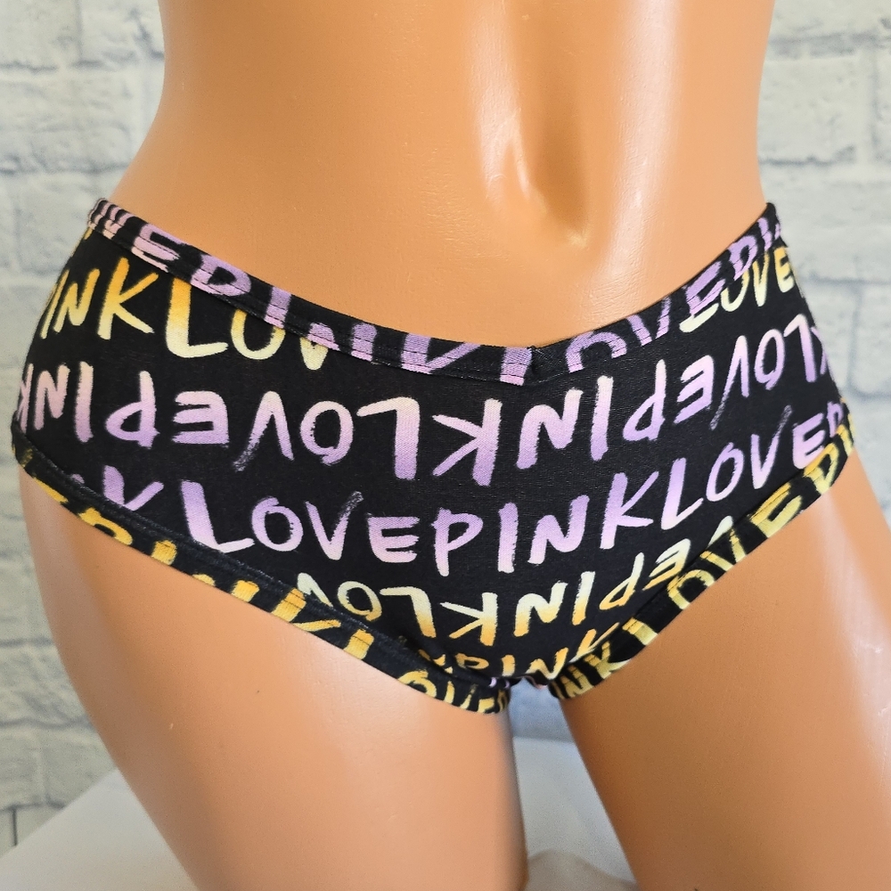 PINK Victoria's Secret Black Love PINK Logo Colorful Cheekster Panty New Medium